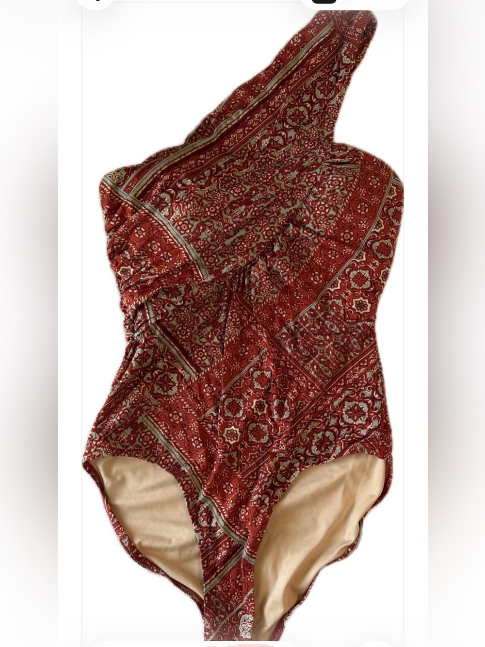 Garnet Hill Red Floral One-Shoulder Swimsuit with Cream Accents